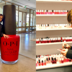 Side-by-side photos of Suzi Weiss-Fischmann posing beside an oversized red OPI nail polish bottle and painting a nail color swatch in front of shelves of polish.