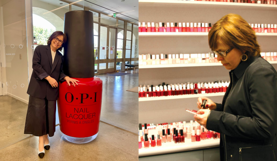 Side-by-side photos of Suzi Weiss-Fischmann posing beside an oversized red OPI nail polish bottle and painting a nail color swatch in front of shelves of polish.